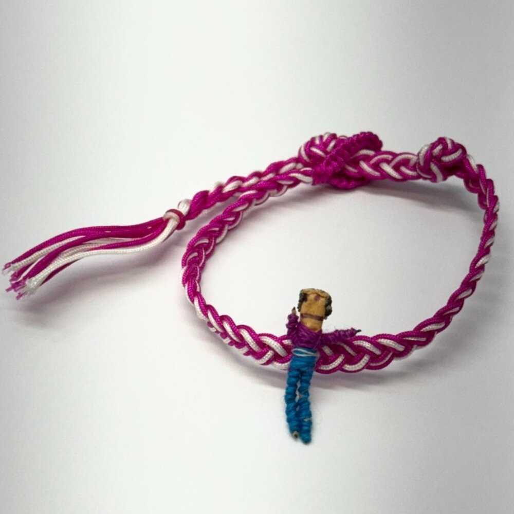 Vintage woven braided worry doll bracelet pink and white